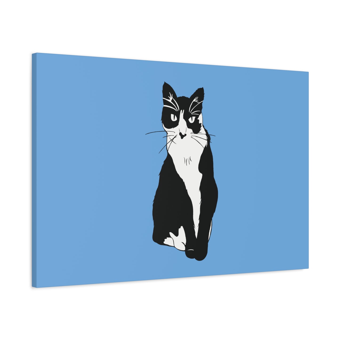 Cat Canvas on Light Blue (B&W Style Cat) - Cat Drawing Art