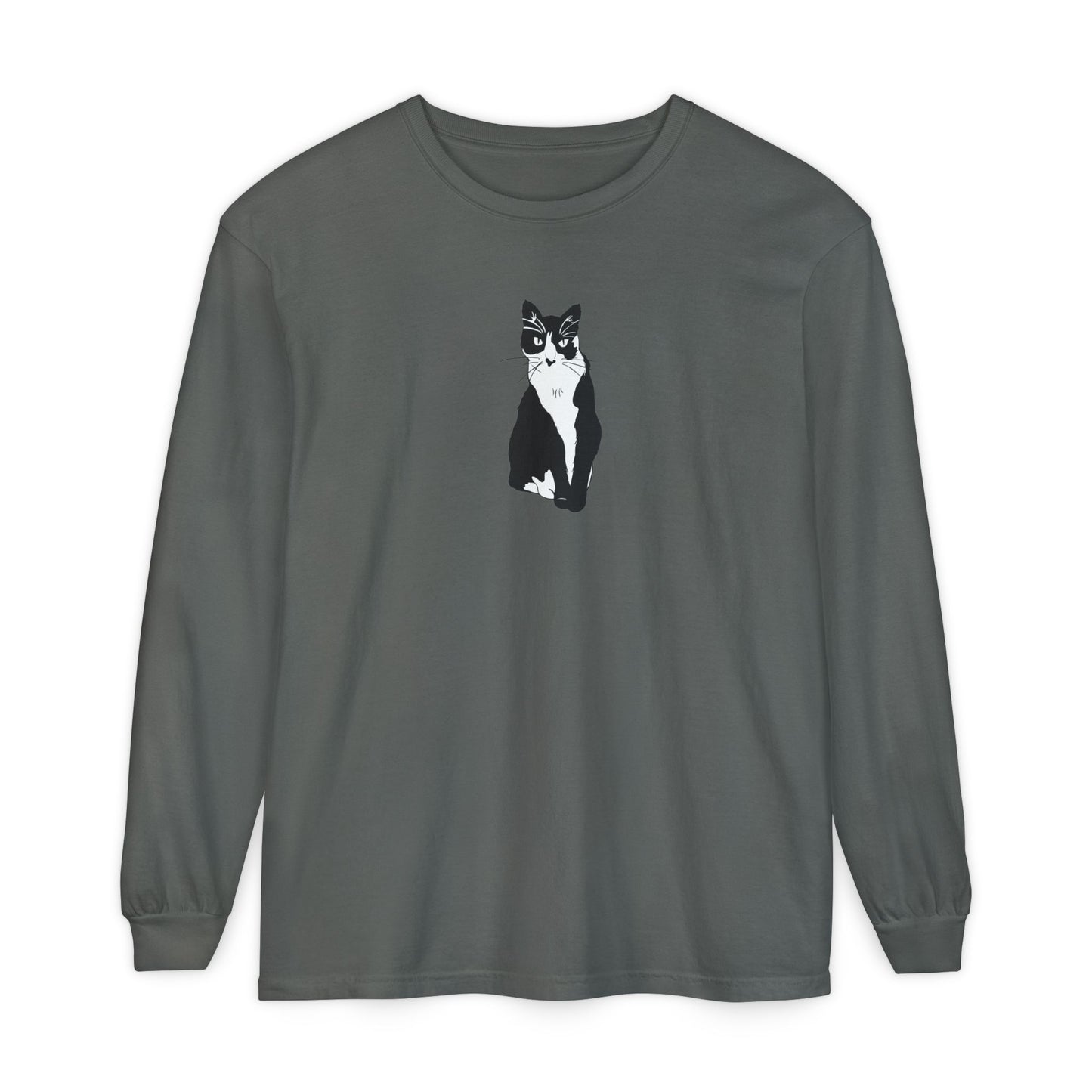 Cat Long Sleeve Tee (B&W Style Cat) - Cat Drawing Shirt
