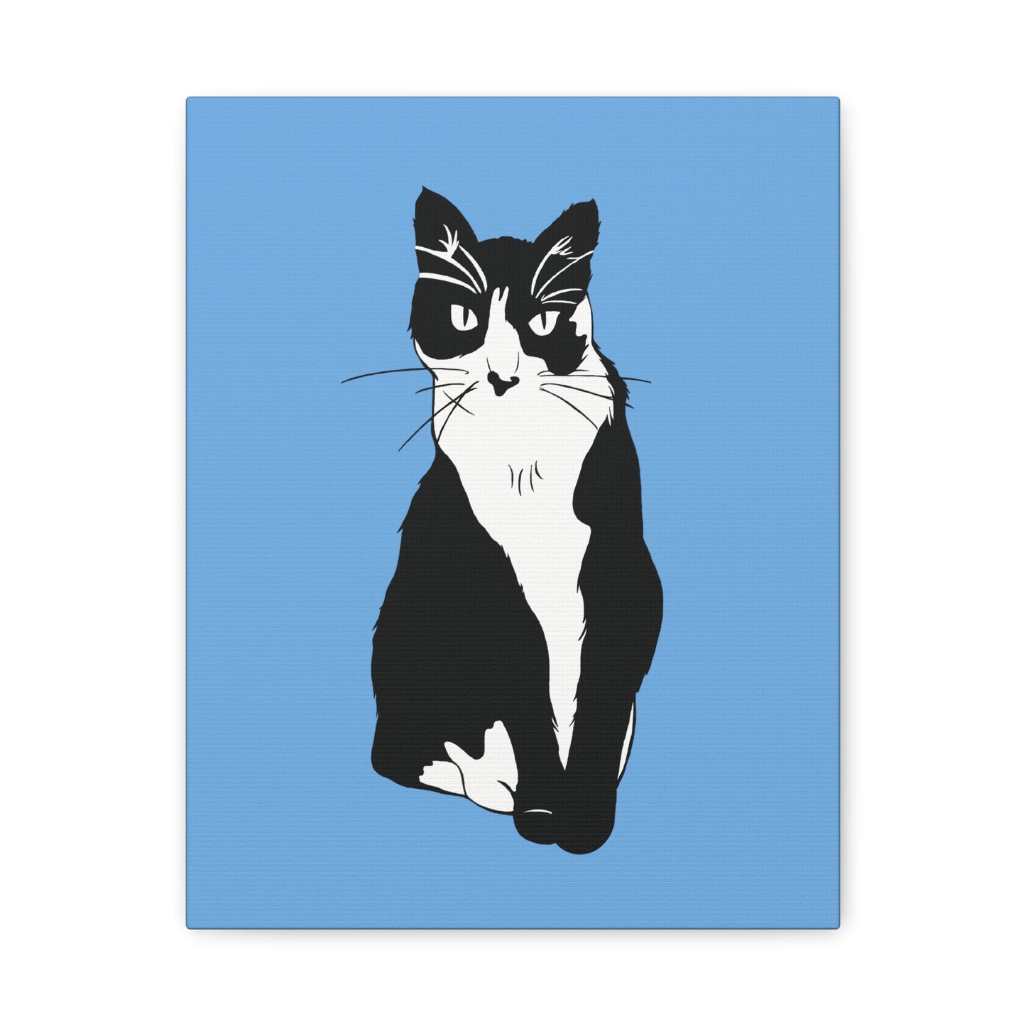 Cat Canvas on Light Blue (B&W Style Cat) - Cat Drawing Art