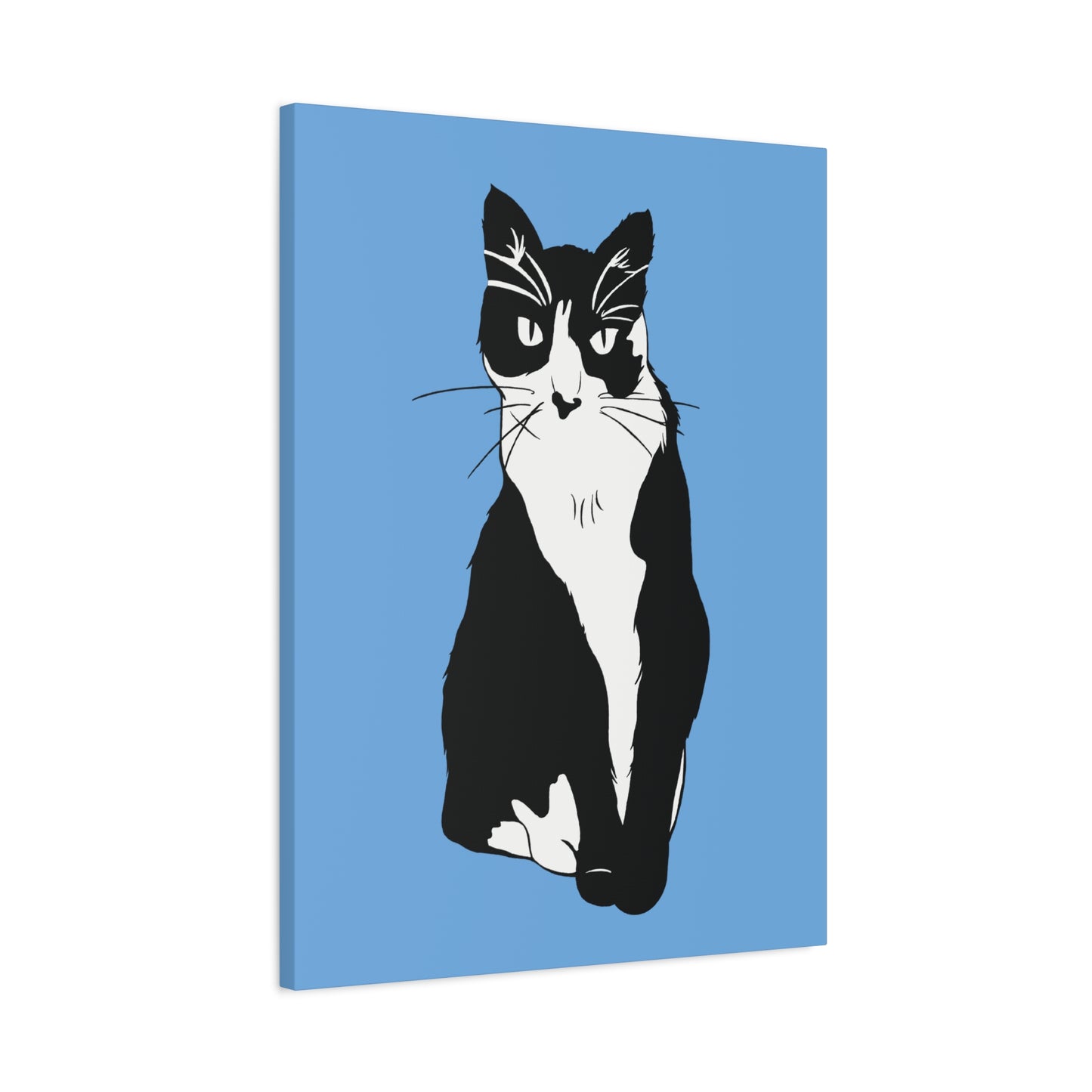 Cat Canvas on Light Blue (B&W Style Cat) - Cat Drawing Art