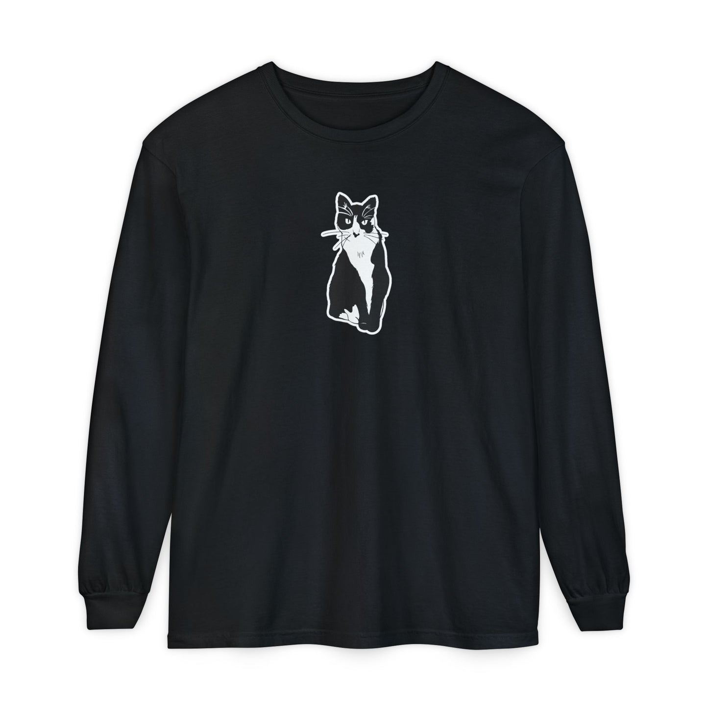 Cat Long Sleeve Tee (Sticker Style Cat) - Cat Drawing Shirt