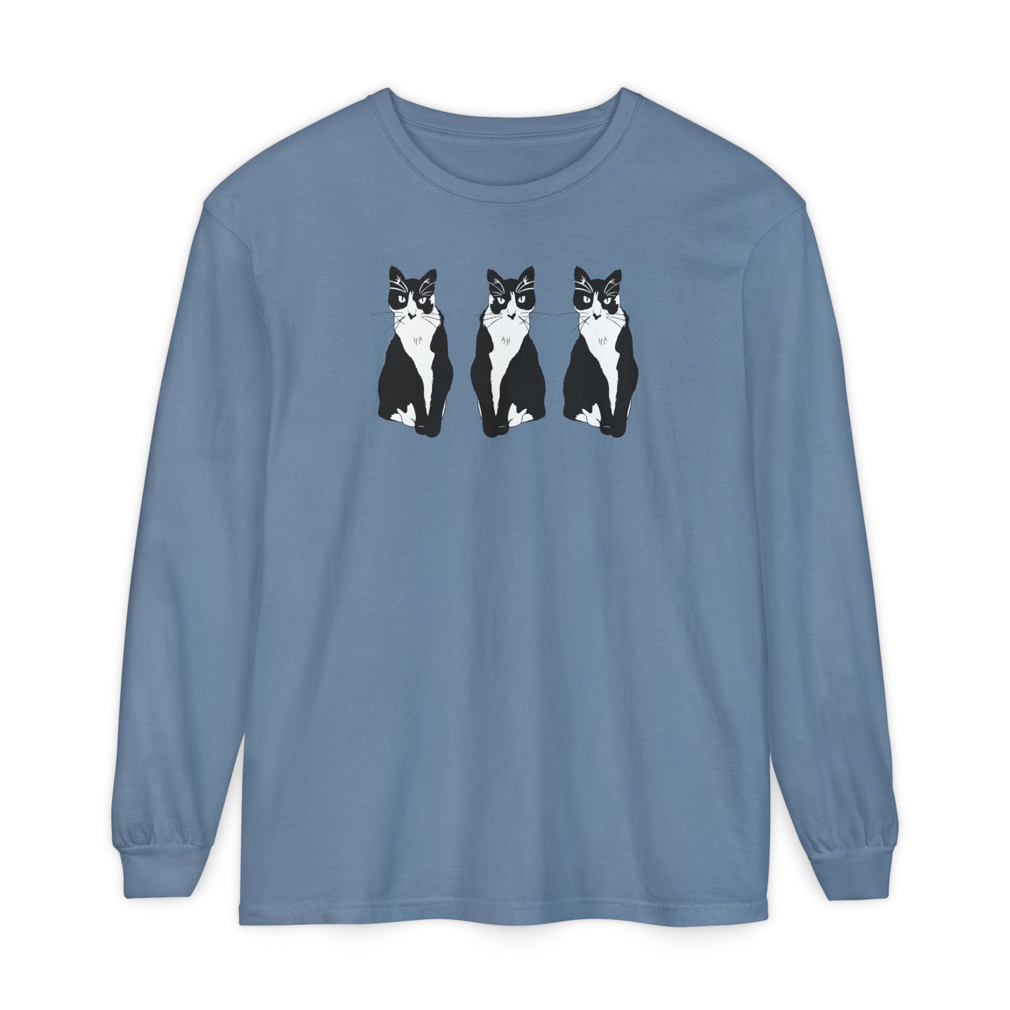 Cat x3 Long Sleeve Tee (B&W Style Cat) - Cat Drawing Shirt