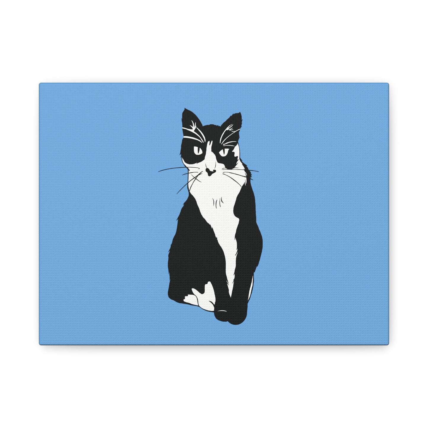 Cat Canvas on Light Blue (B&W Style Cat) - Cat Drawing Art