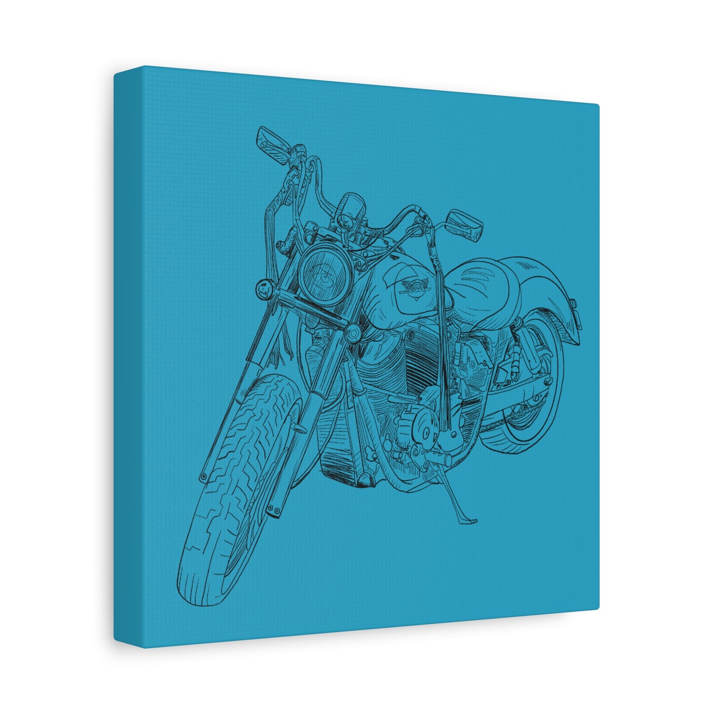 Ride Me Harley Motorcycle Sketch Canvas Print - Black Ink on Turquoise Background