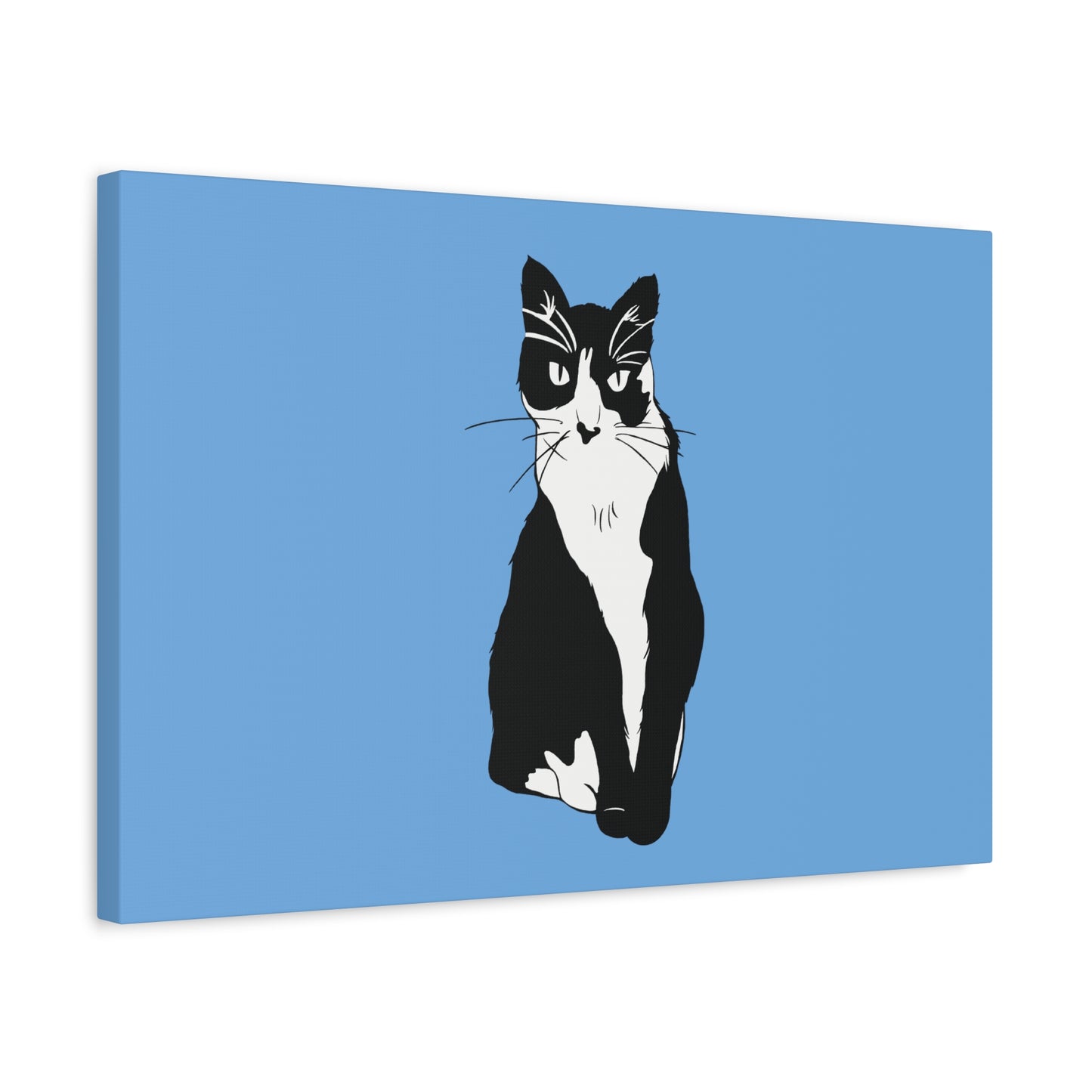 Cat Canvas on Light Blue (B&W Style Cat) - Cat Drawing Art