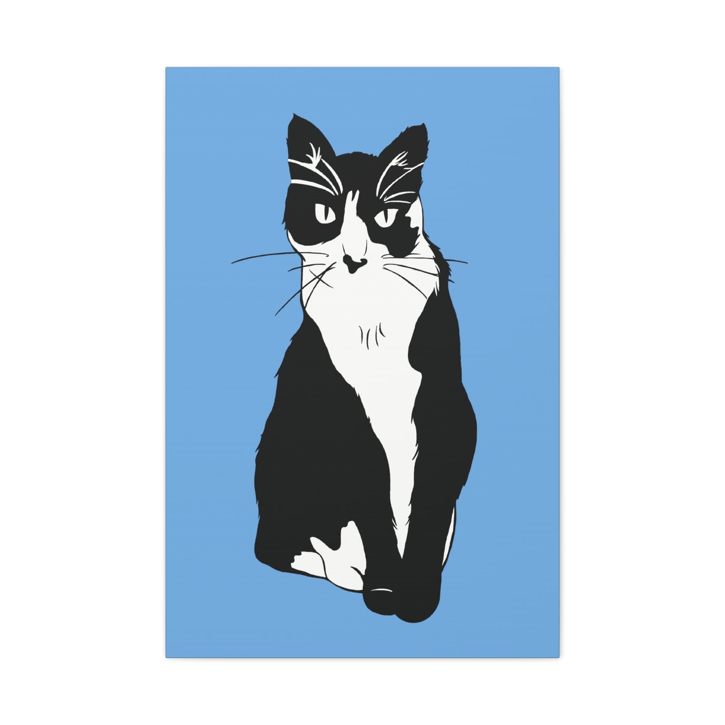 Cat Canvas on Light Blue (B&W Style Cat) - Cat Drawing Art