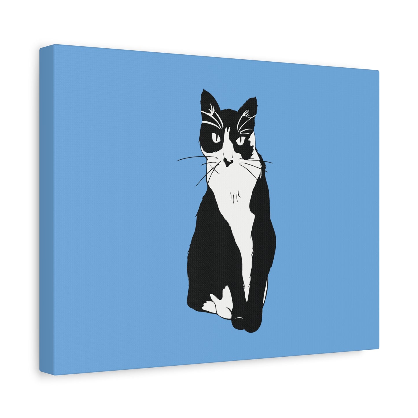 Cat Canvas on Light Blue (B&W Style Cat) - Cat Drawing Art