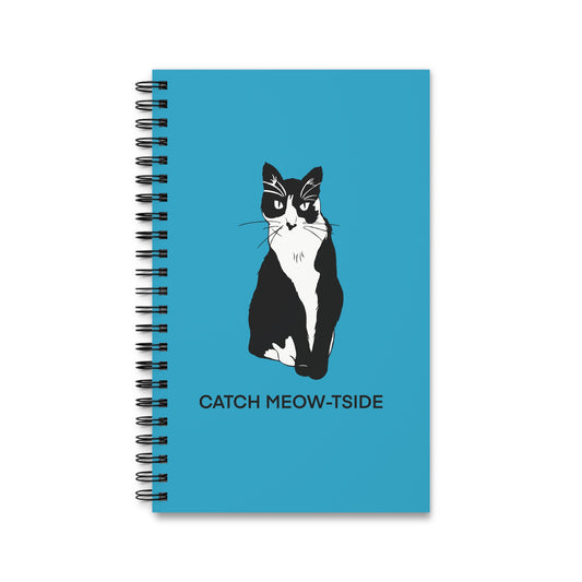 Catch Meow-tside Notebook in Turquoise (B&W Style Cat) - Cat Spiral Notebook