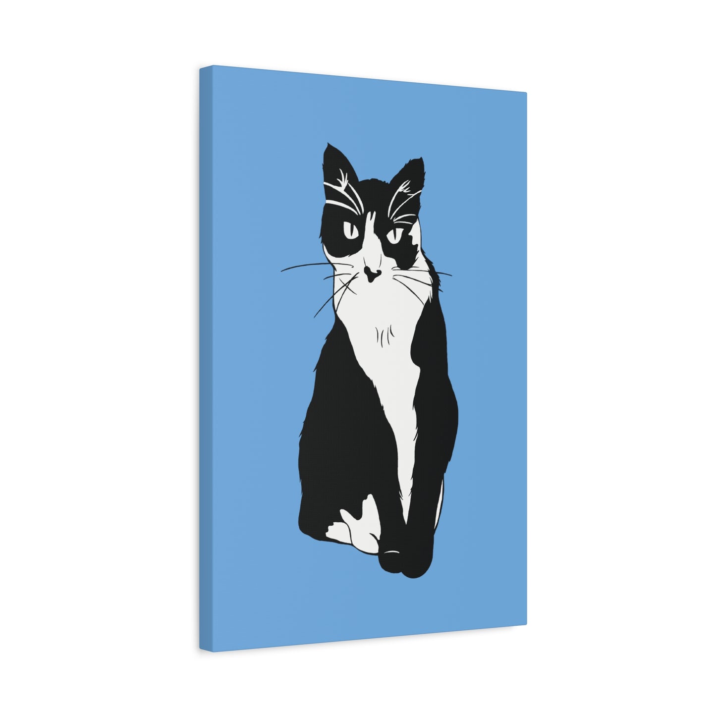 Cat Canvas on Light Blue (B&W Style Cat) - Cat Drawing Art