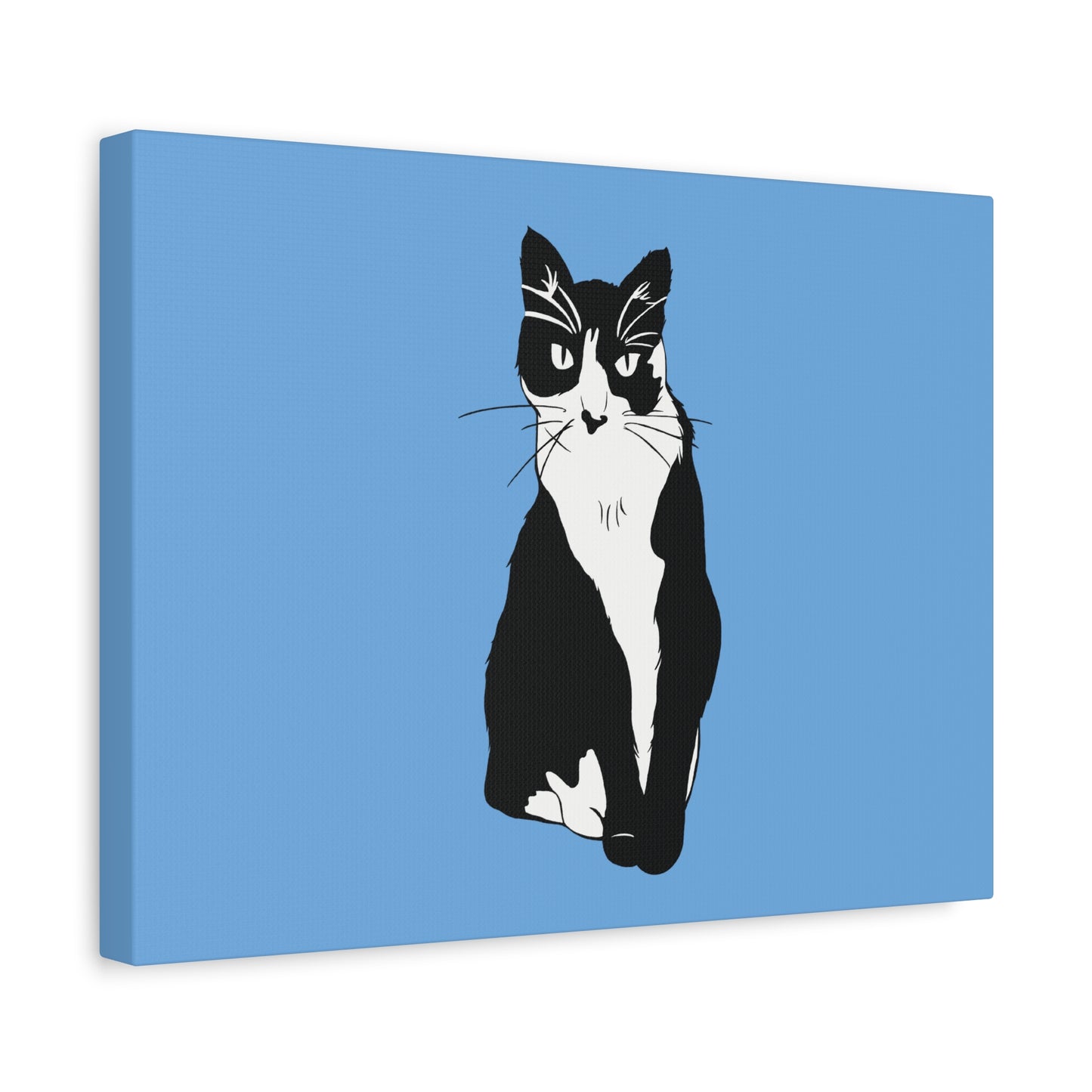 Cat Canvas on Light Blue (B&W Style Cat) - Cat Drawing Art