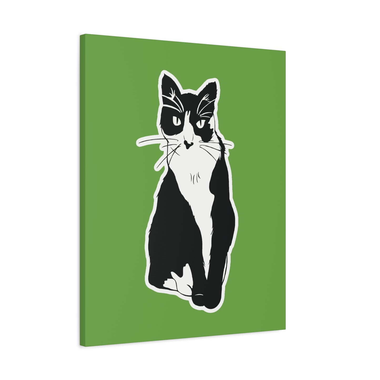Cat Canvas Print on Green (B&W Style Cat) - Cat Drawing Art
