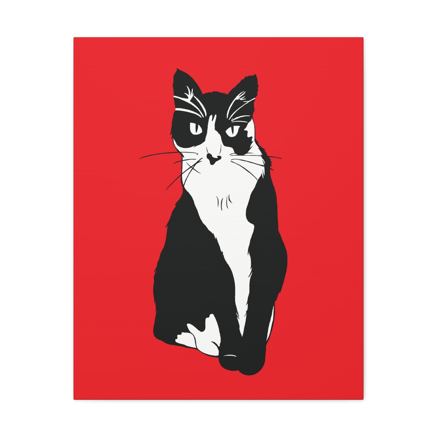 Cat Canvas on Red (B&W Style Cat) - Cat Drawing Art