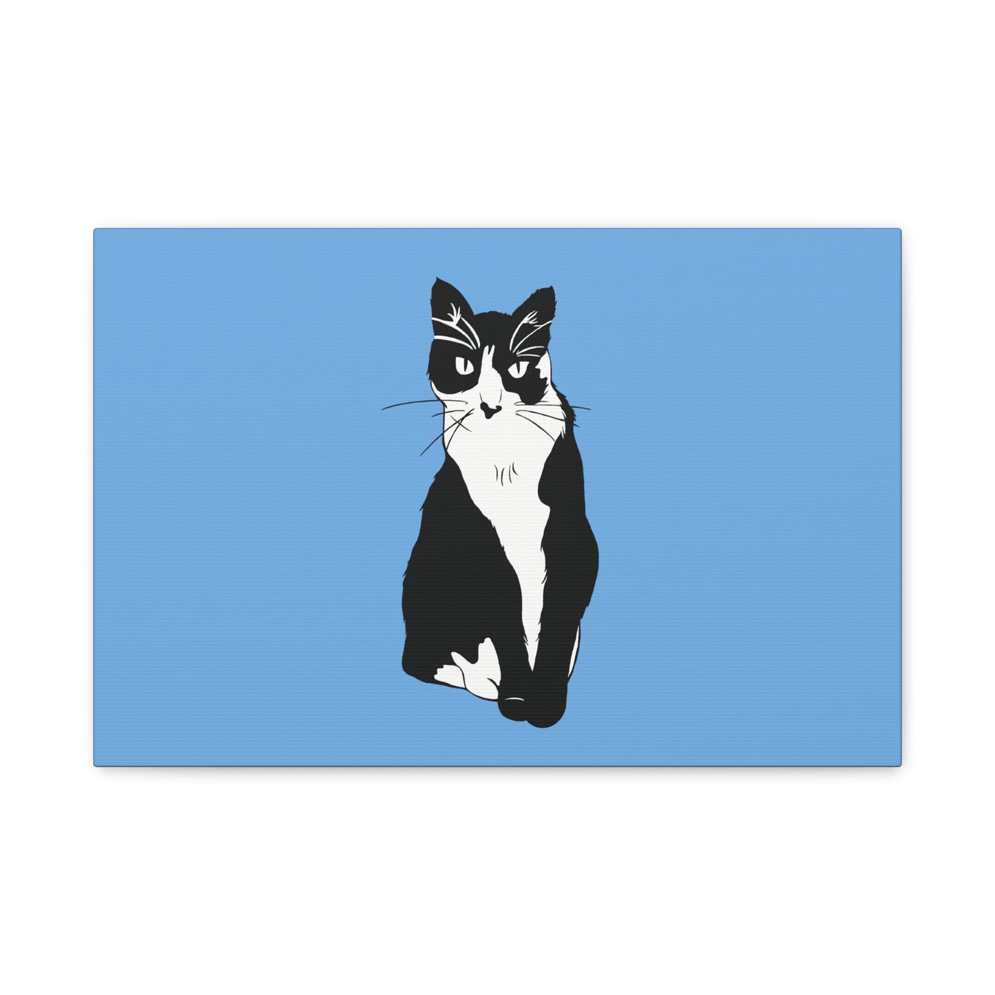 Cat Canvas on Light Blue (B&W Style Cat) - Cat Drawing Art