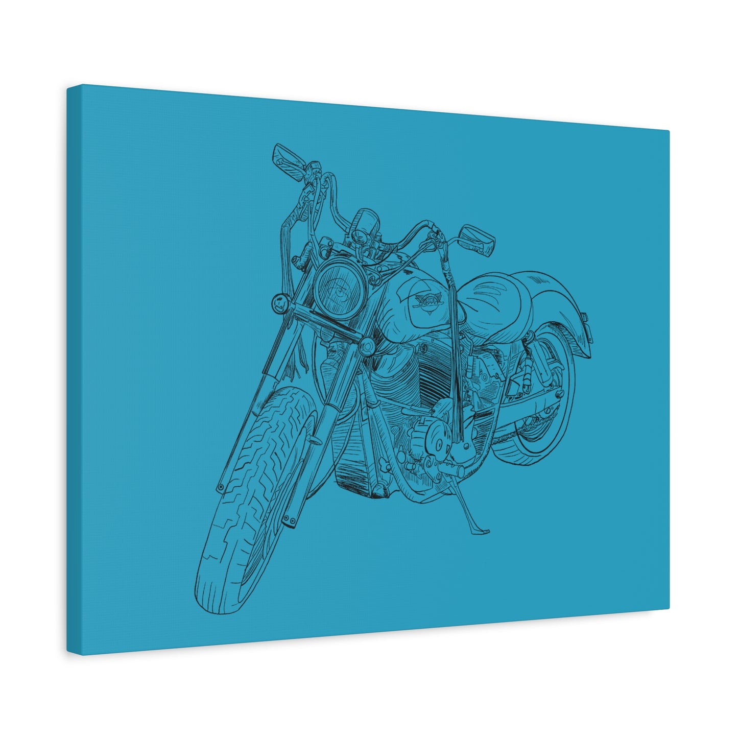 Ride Me Harley Motorcycle Sketch Canvas Print - Black Ink on Turquoise Background