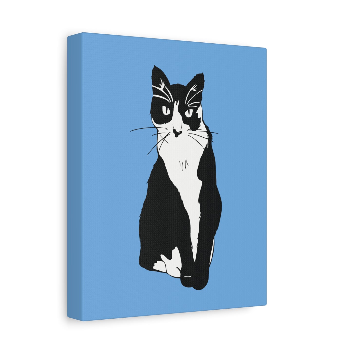 Cat Canvas on Light Blue (B&W Style Cat) - Cat Drawing Art