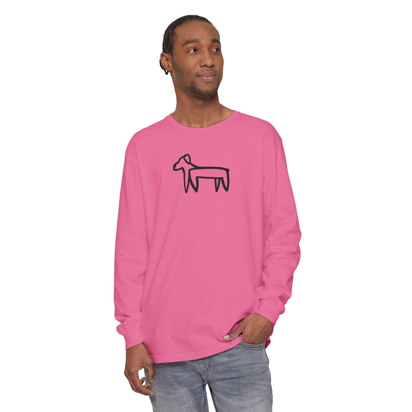 Dog Long Sleeve Tee (Transparent Style Black Dog) - Dog Drawing Shirt