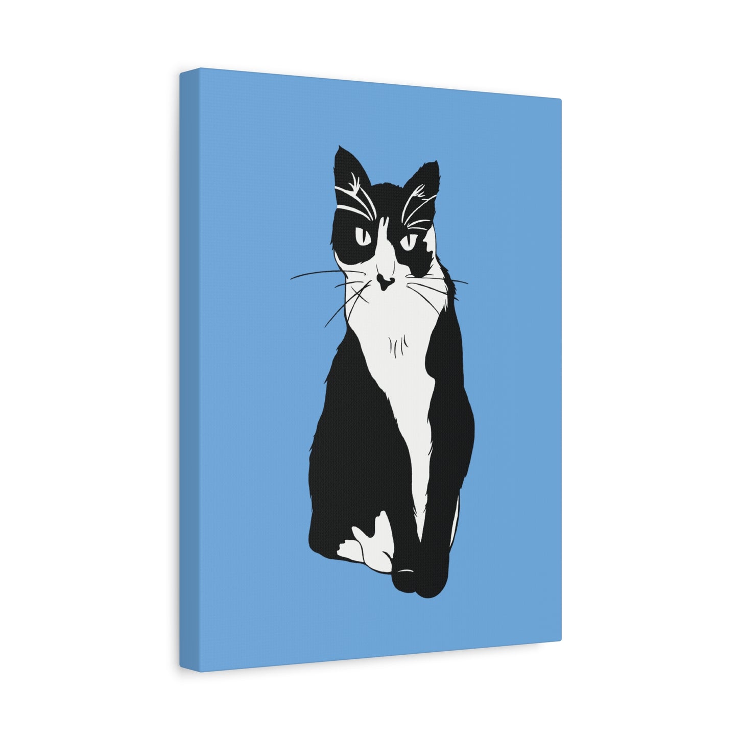 Cat Canvas on Light Blue (B&W Style Cat) - Cat Drawing Art
