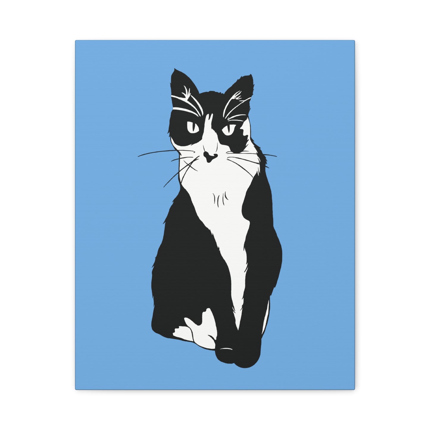 Cat Canvas on Light Blue (B&W Style Cat) - Cat Drawing Art