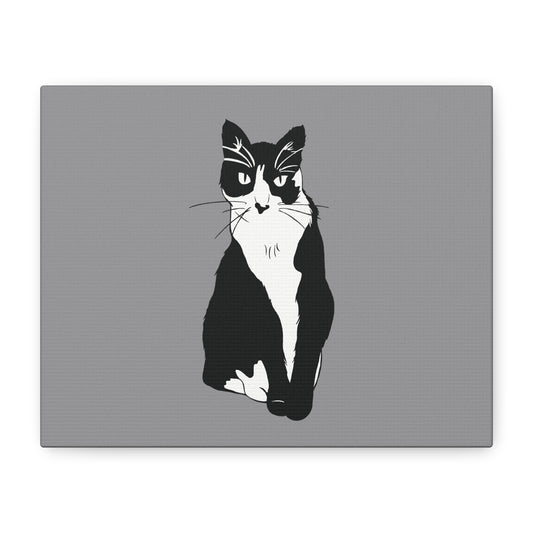 Cat Canvas on Grey (B&W Style Cat) - Cat Drawing Art