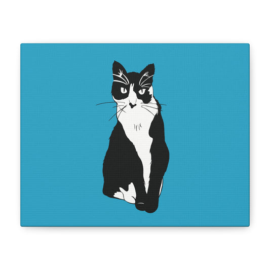 Cat Canvas on Turquoise (B&W Style Cat) - Cat Drawing Art