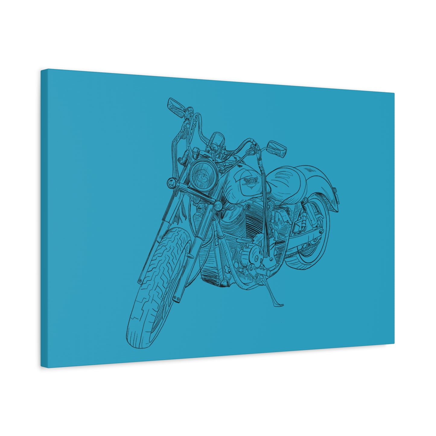 Ride Me Harley Motorcycle Sketch Canvas Print - Black Ink on Turquoise Background