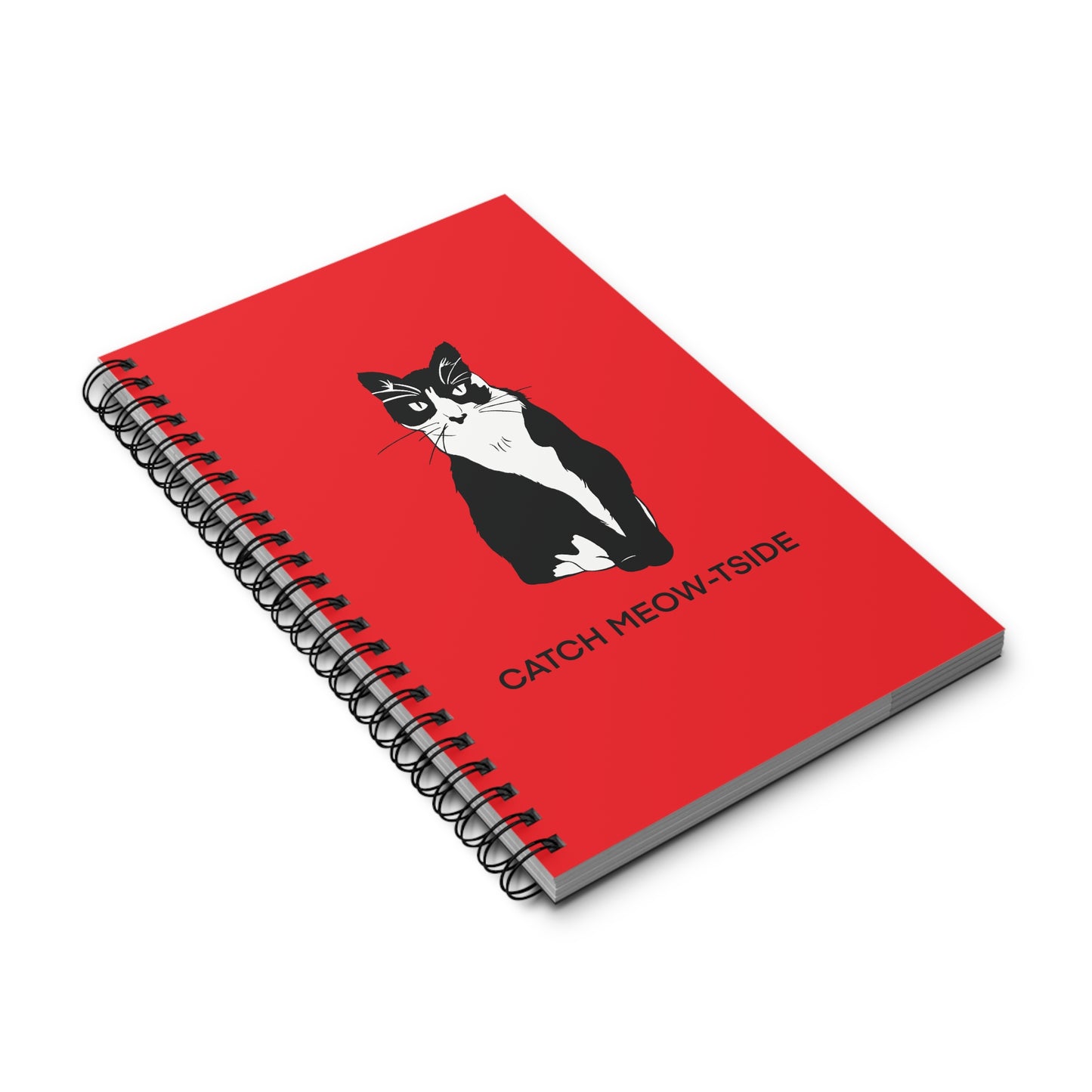Catch Meow-tside Notebook in Red (B&W Style Cat) - Cat Spiral Notebook