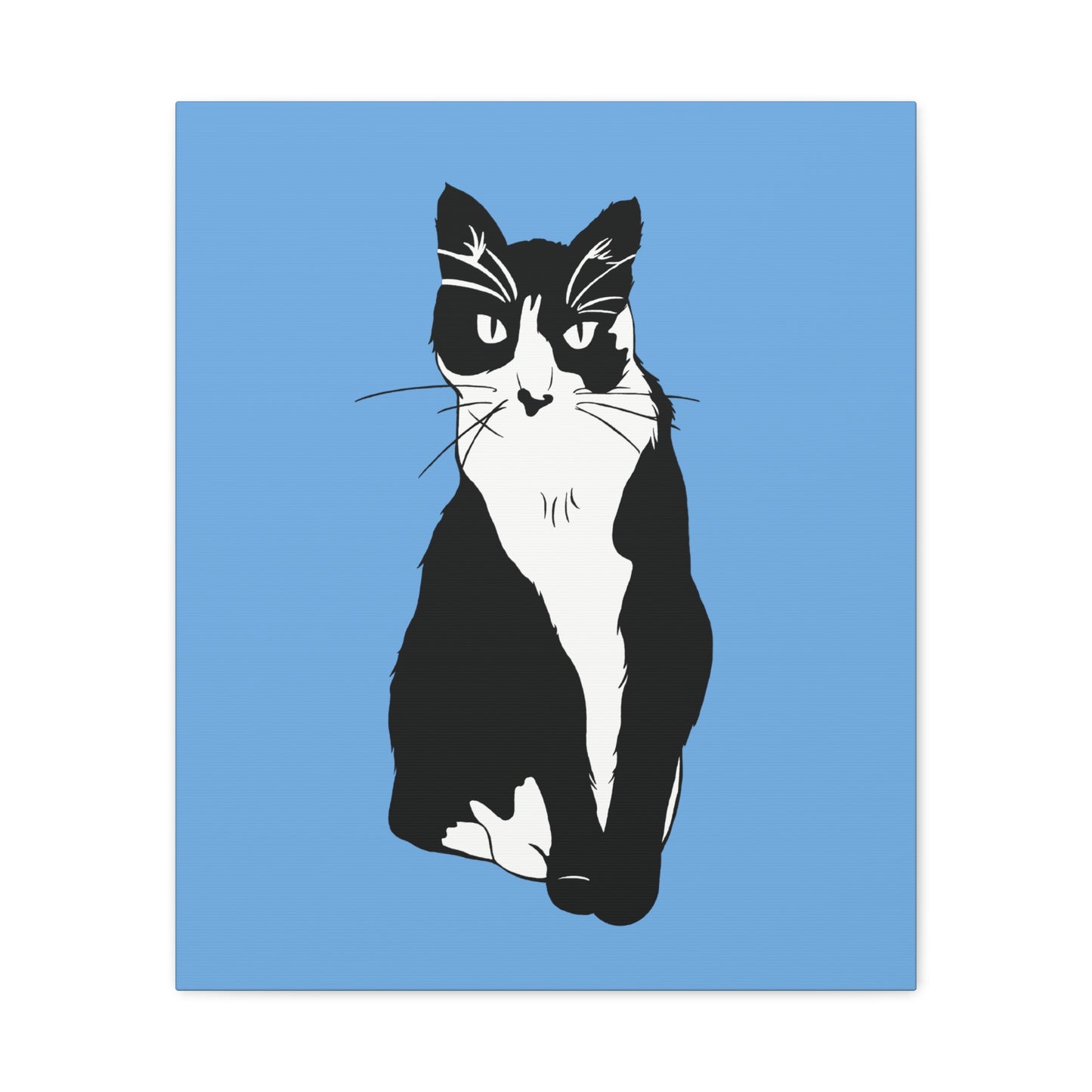 Cat Canvas on Light Blue (B&W Style Cat) - Cat Drawing Art