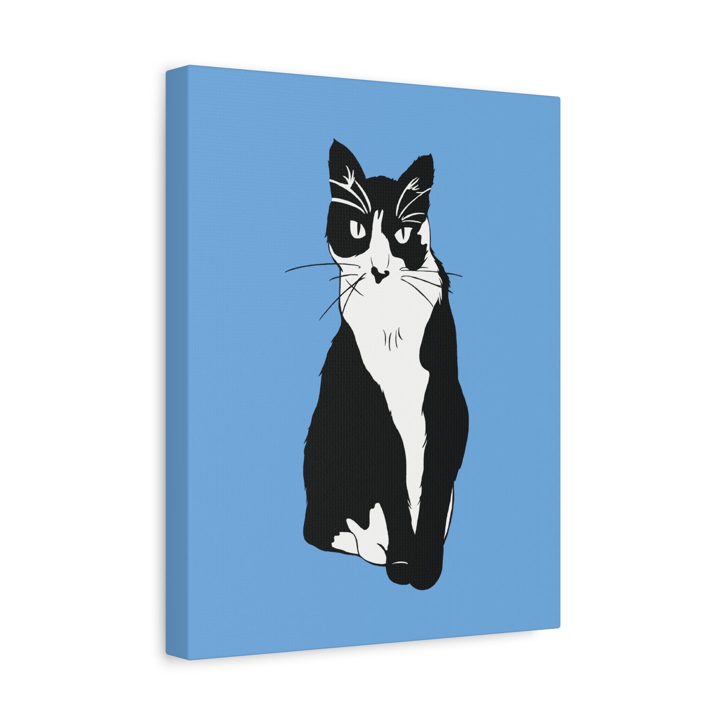 Cat Canvas on Light Blue (B&W Style Cat) - Cat Drawing Art