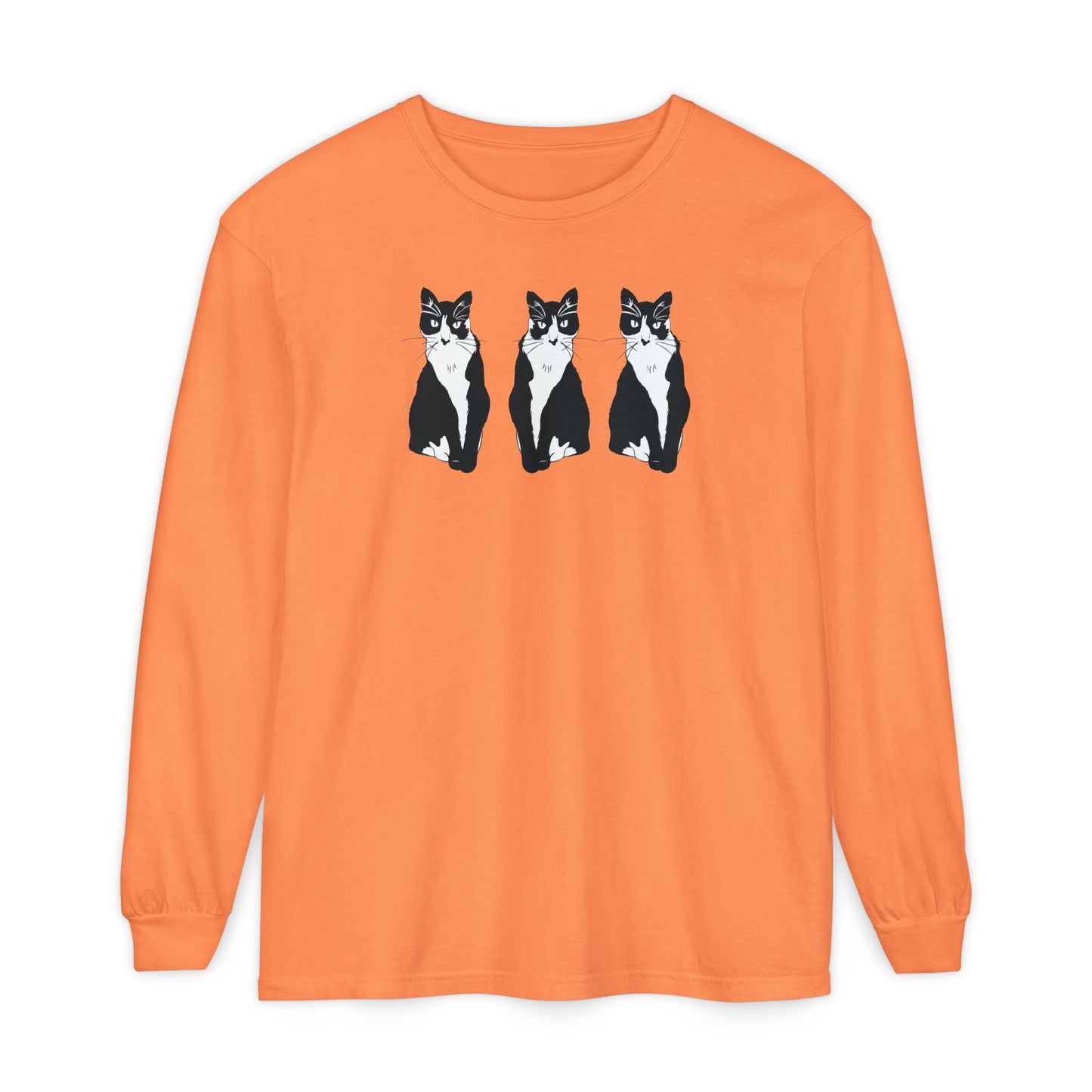 Cat x3 Long Sleeve Tee (B&W Style Cat) - Cat Drawing Shirt