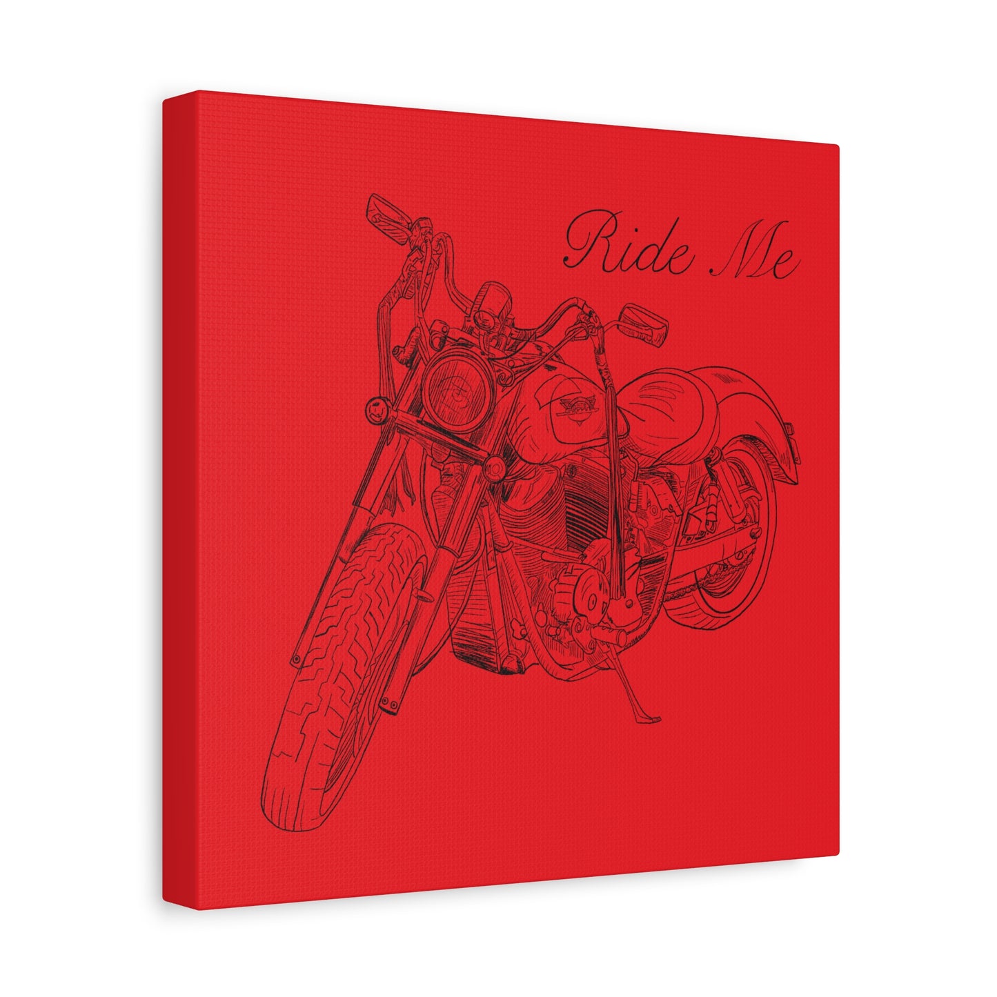 Ride Me Harley Motorcycle Sketch Canvas Print - Black Ink on Red Background