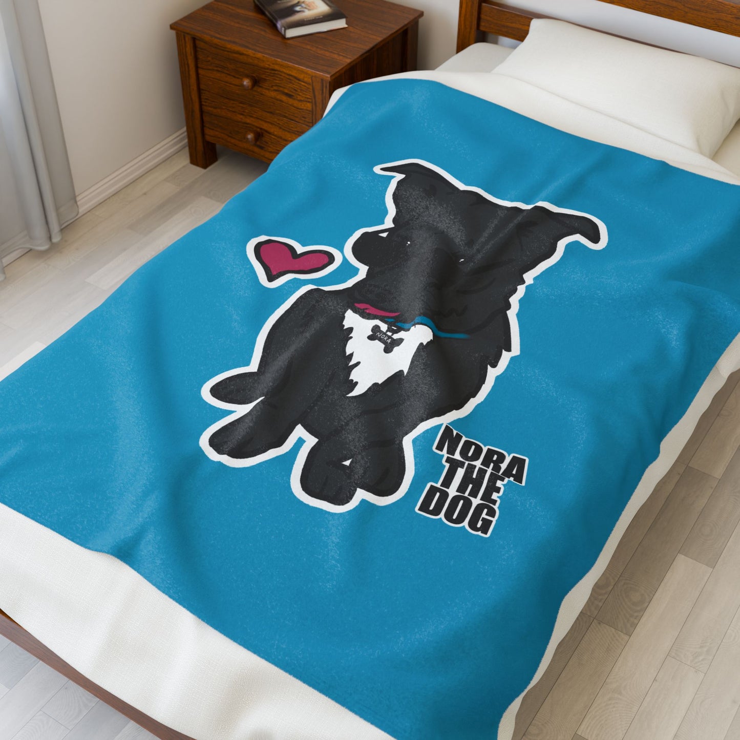 Nora the Dog Heart Throw Blanket (Color Sticker Style on Turquoise Edition)