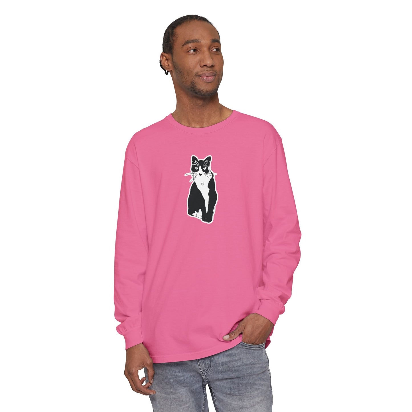 Cat Long Sleeve Tee (Sticker Style Cat) - Cat Drawing Shirt