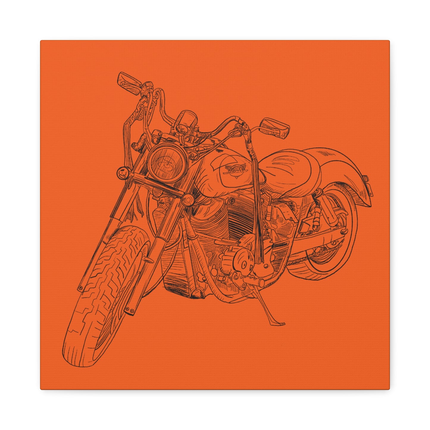 Harley Motorcycle Sketch Canvas Print - Black Ink on Orange Background
