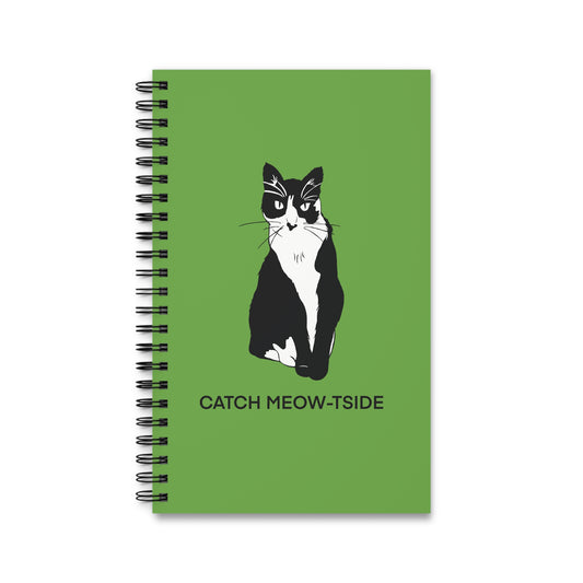 Catch Meow-tside Notebook in Green (B&W Style Cat) - Cat Spiral Notebook