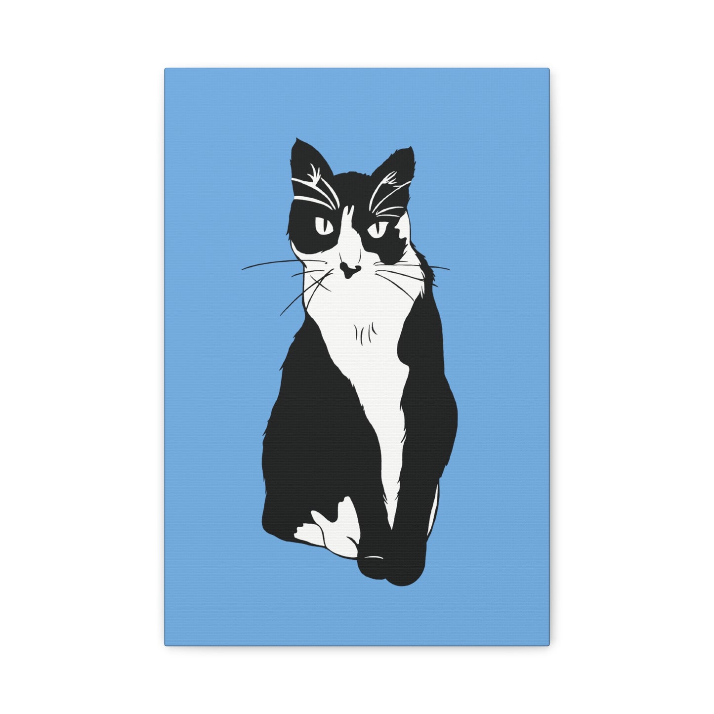 Cat Canvas on Light Blue (B&W Style Cat) - Cat Drawing Art