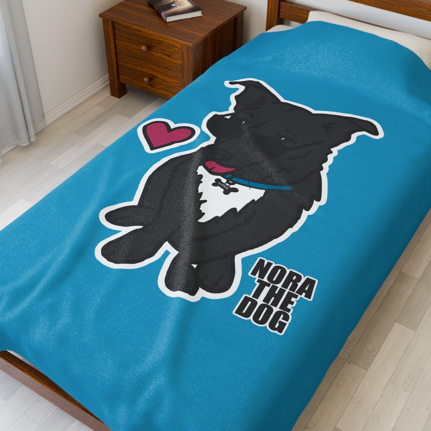 Nora the Dog Heart Throw Blanket (Color Sticker Style on Turquoise Edition)