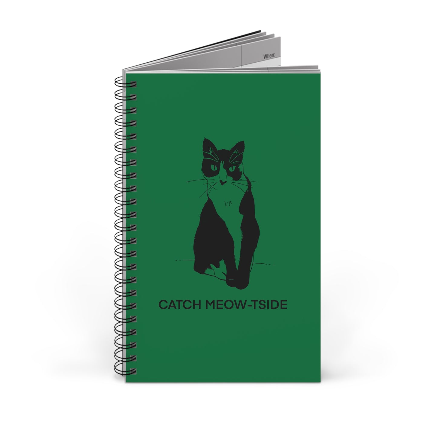 Catch Meow-tside Notebook in Dark Green (Transparent Style Cat) - Cat Spiral Notebook
