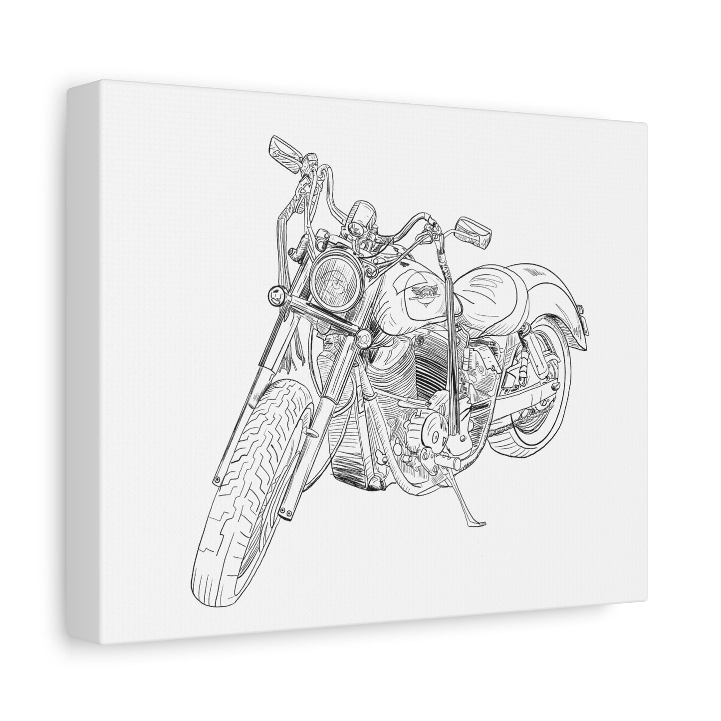 Harley Motorcycle Sketch Canvas Print - Black Ink on White Background