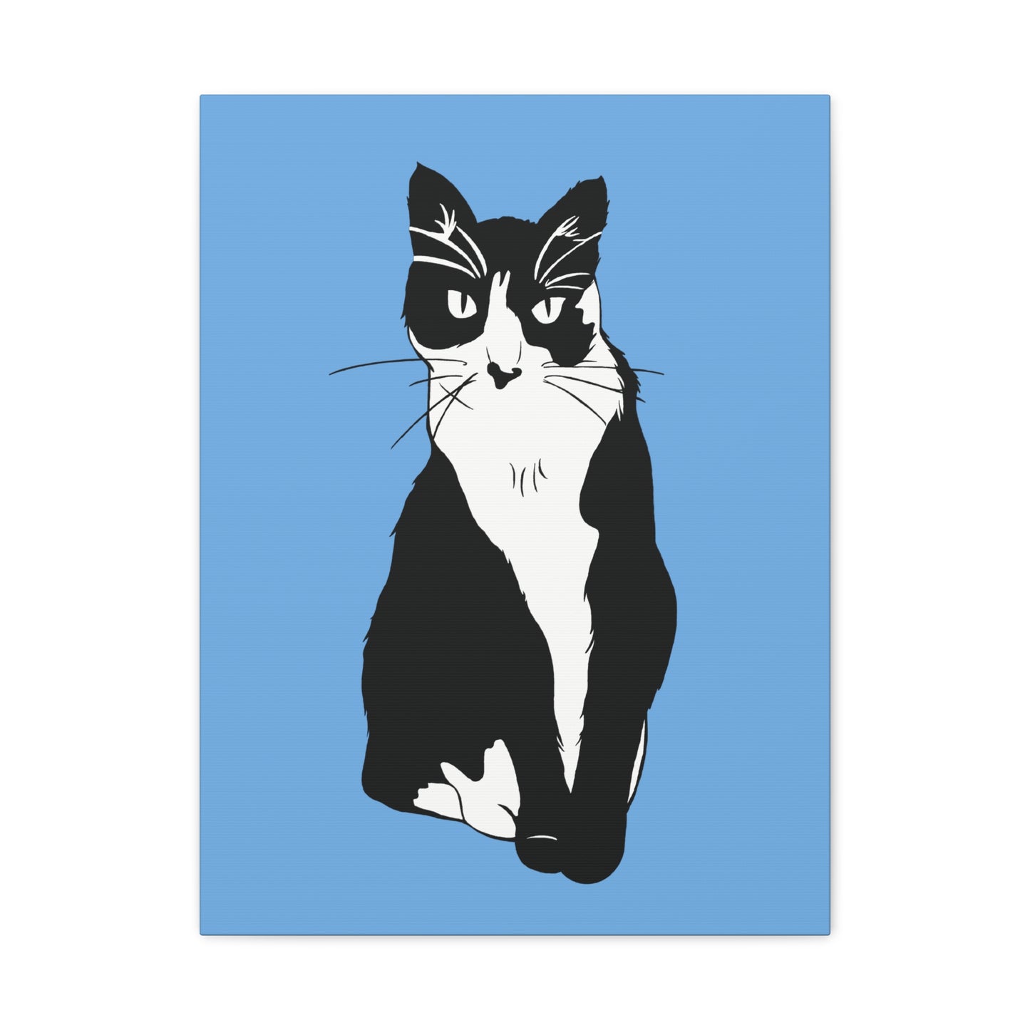 Cat Canvas on Light Blue (B&W Style Cat) - Cat Drawing Art