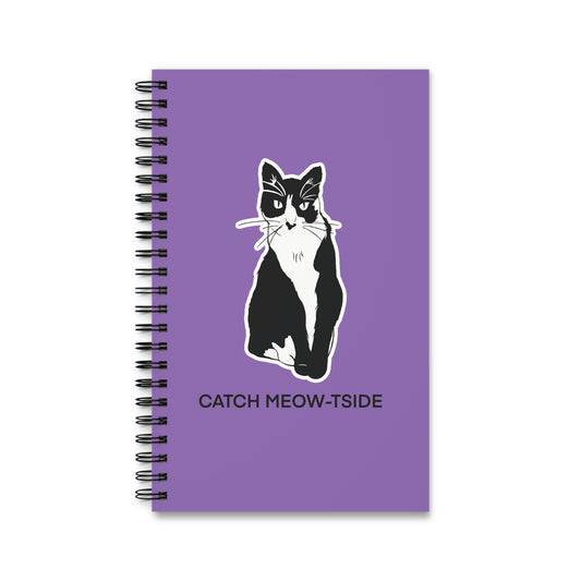 Catch Meow-tside Notebook in Light Purple (Sticker Style Cat with Black Writing) - Cat Spiral Notebook