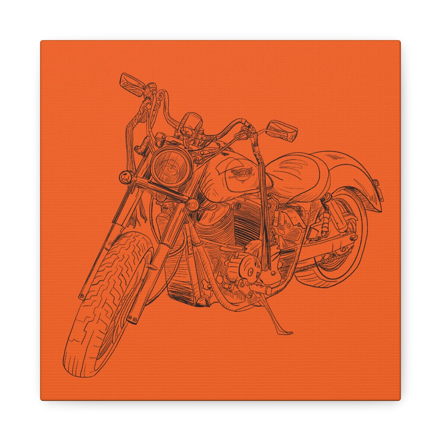Ride Me Harley Motorcycle Sketch Canvas Print - Black Ink on Orange Background