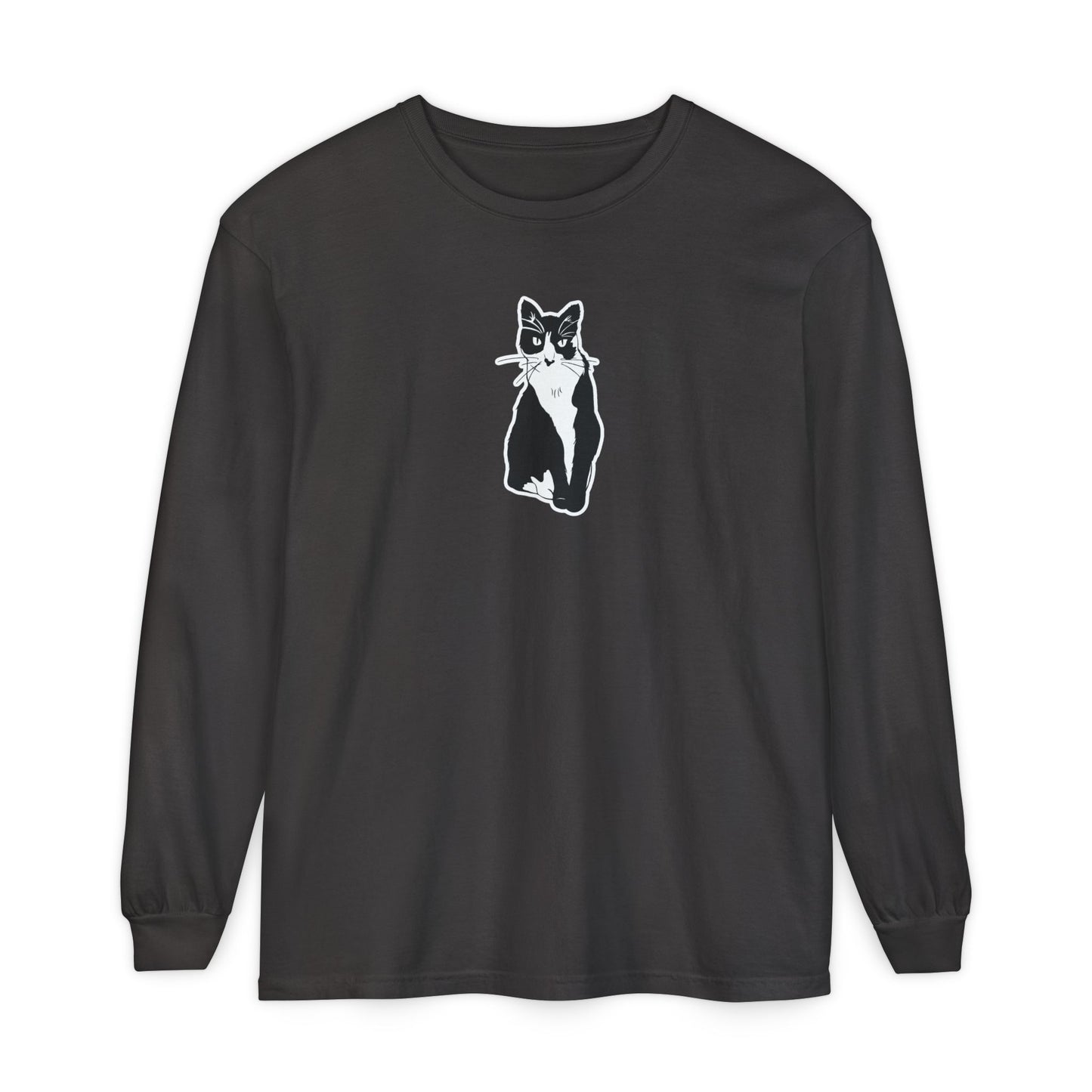Cat Long Sleeve Tee (Sticker Style Cat) - Cat Drawing Shirt
