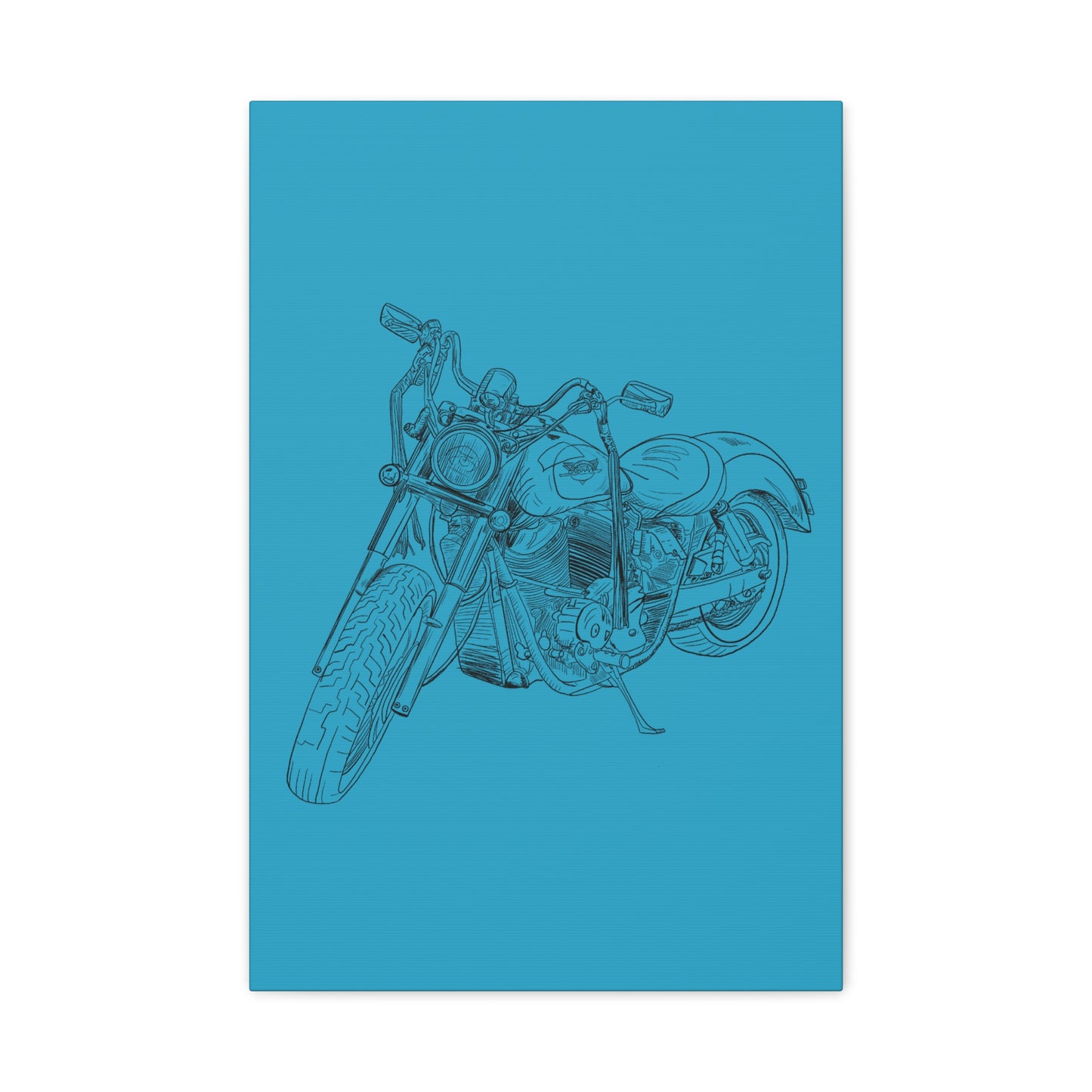 Ride Me Harley Motorcycle Sketch Canvas Print - Black Ink on Turquoise Background