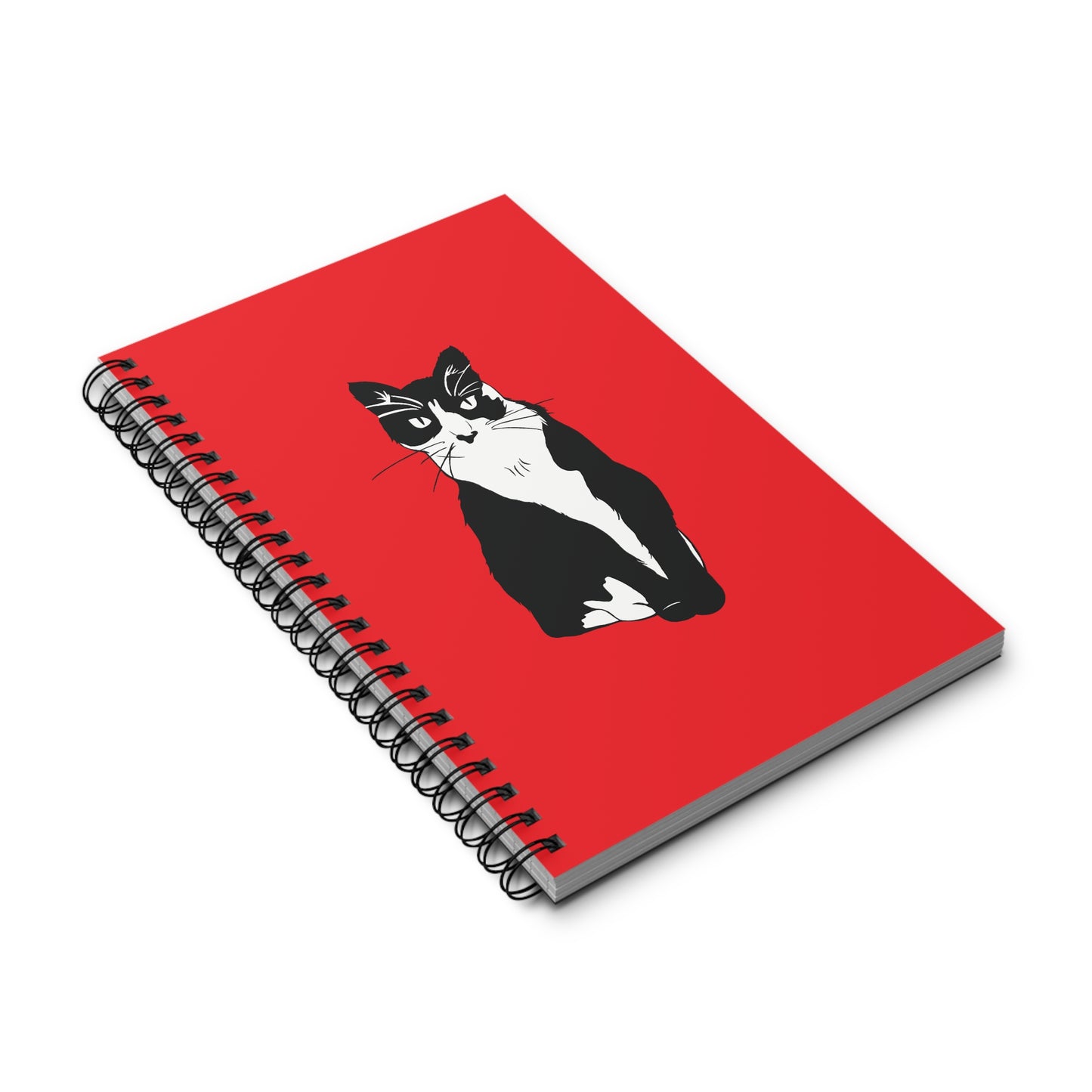 Cat Notebook in Red (B&W Style Cat) - Cat Spiral Notebook