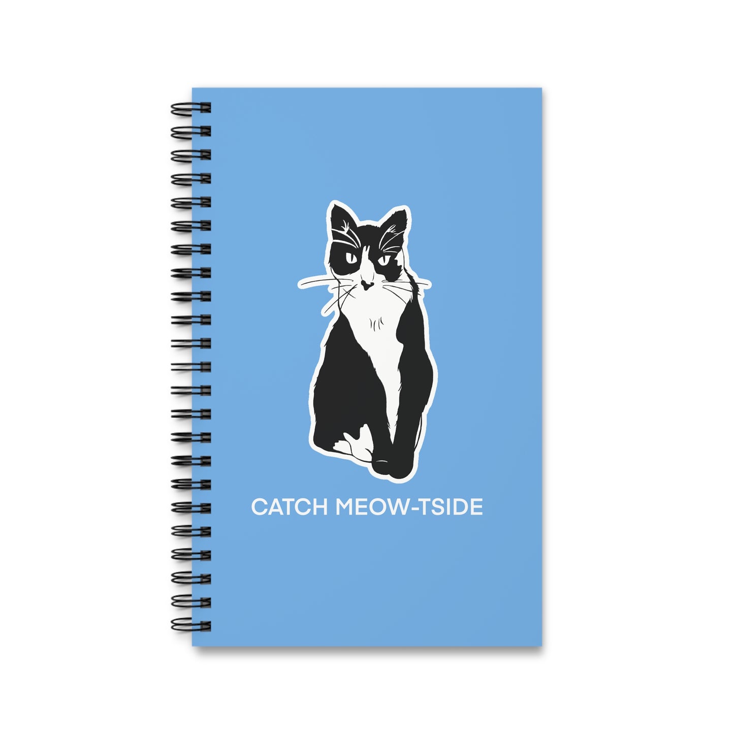 Catch Meow-tside Notebook in Light Blue (Sticker Style Cat with White Writing) - Cat Spiral Notebook