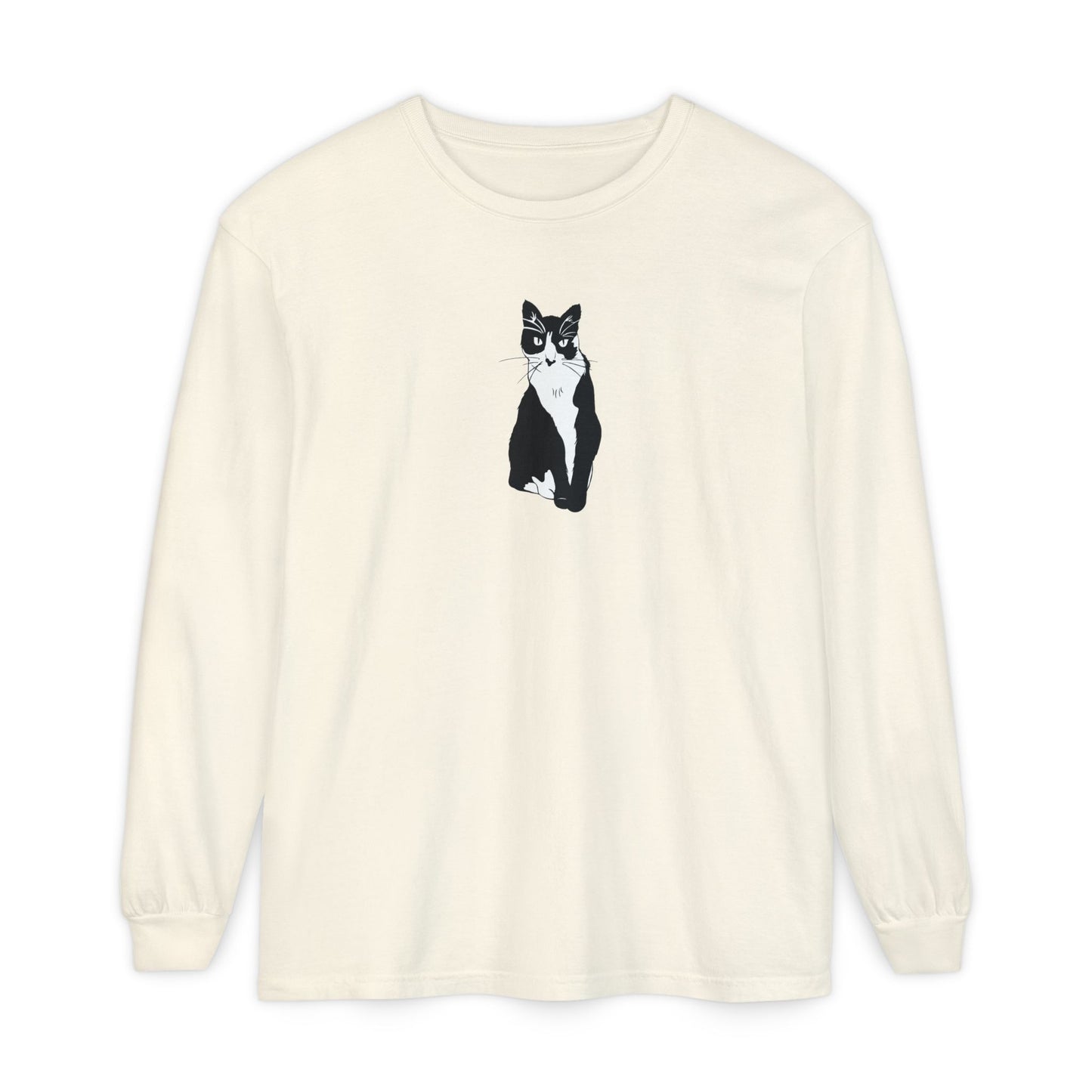 Cat Long Sleeve Tee (B&W Style Cat) - Cat Drawing Shirt