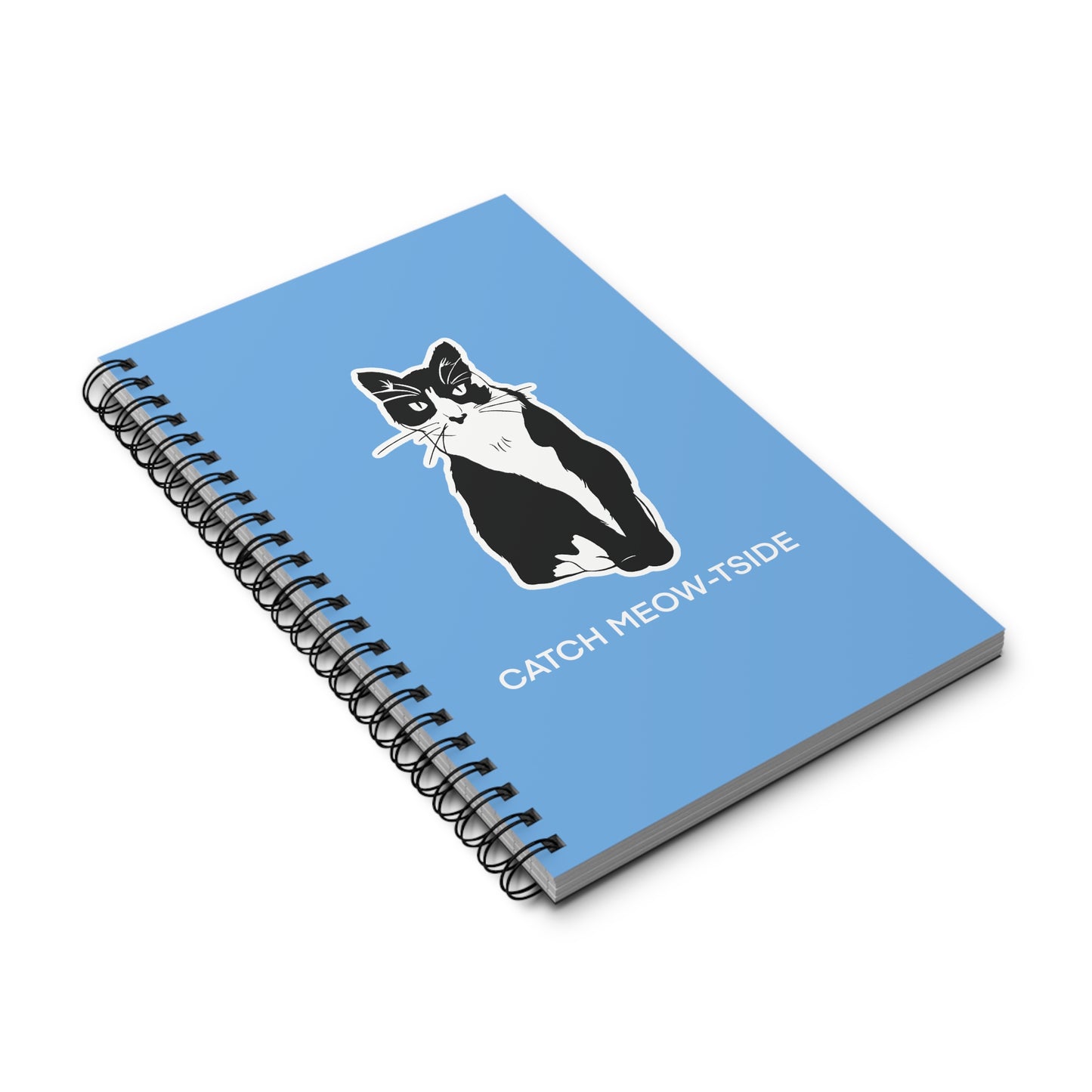 Catch Meow-tside Notebook in Light Blue (Sticker Style Cat with White Writing) - Cat Spiral Notebook