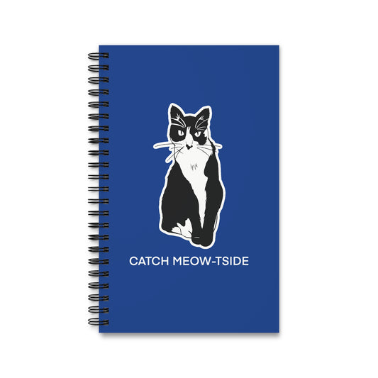 Catch Meow-tside Notebook in Blue (Sticker Style Cat with White Writing) - Cat Spiral Notebook