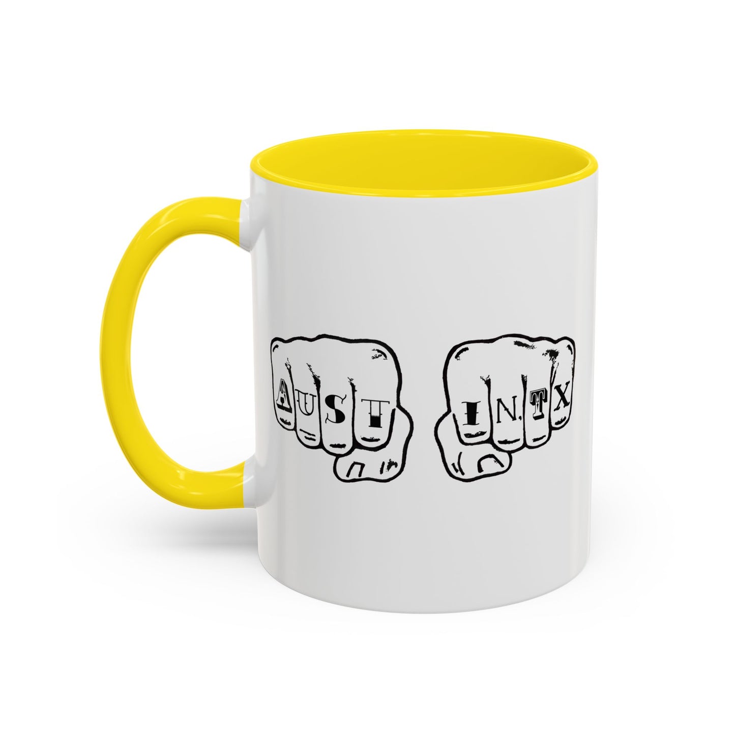 Austin Knuckle Tats Tattooed Fists Accent Mug