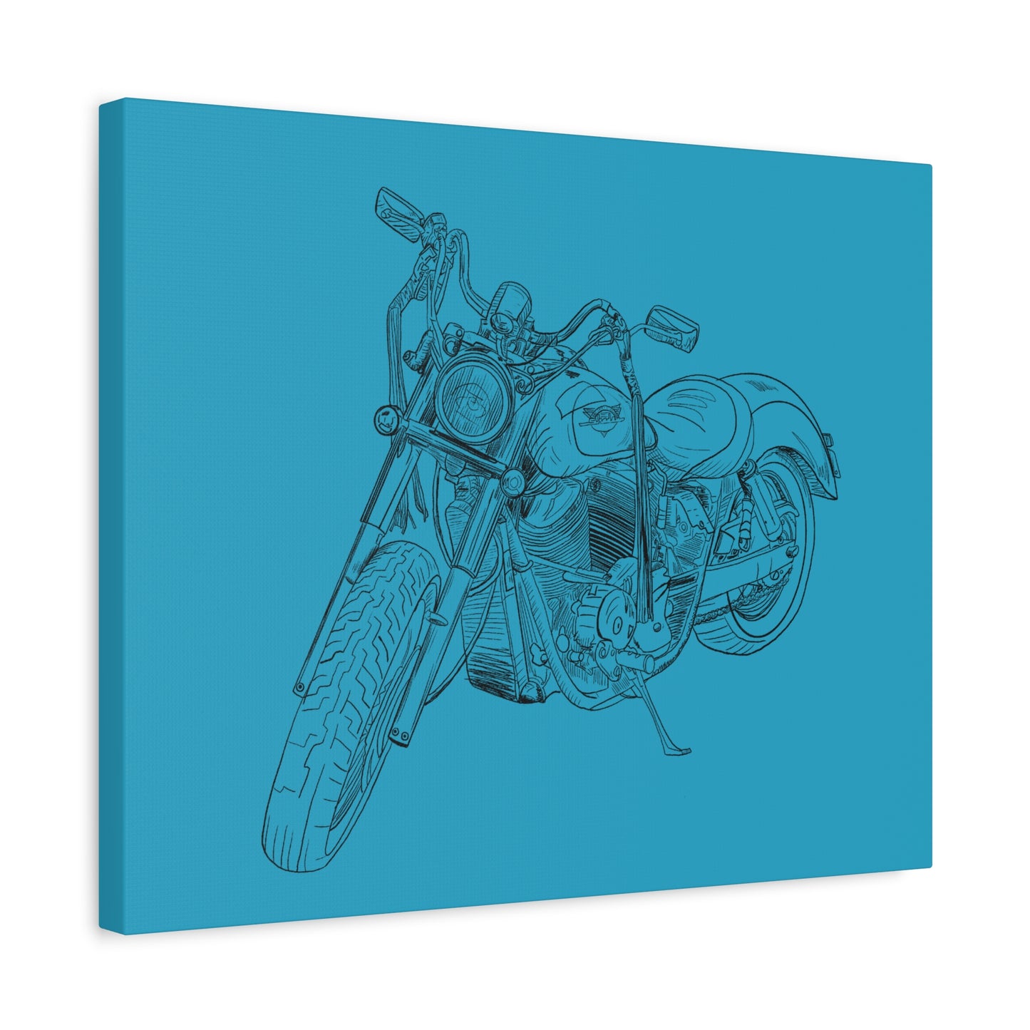Ride Me Harley Motorcycle Sketch Canvas Print - Black Ink on Turquoise Background